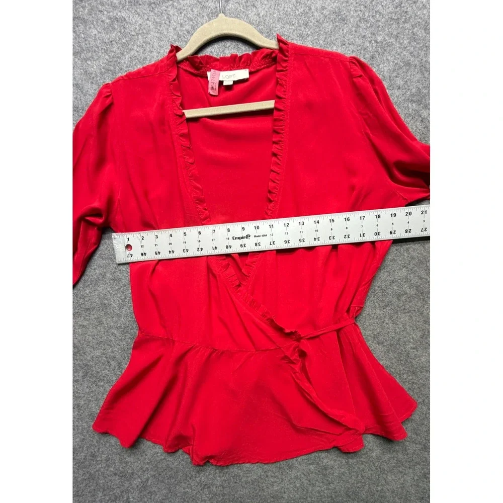 Loft Red Ruffle Wrap Blouse Peplum Top Long Sleeve Rayon Womens Medium Romantic